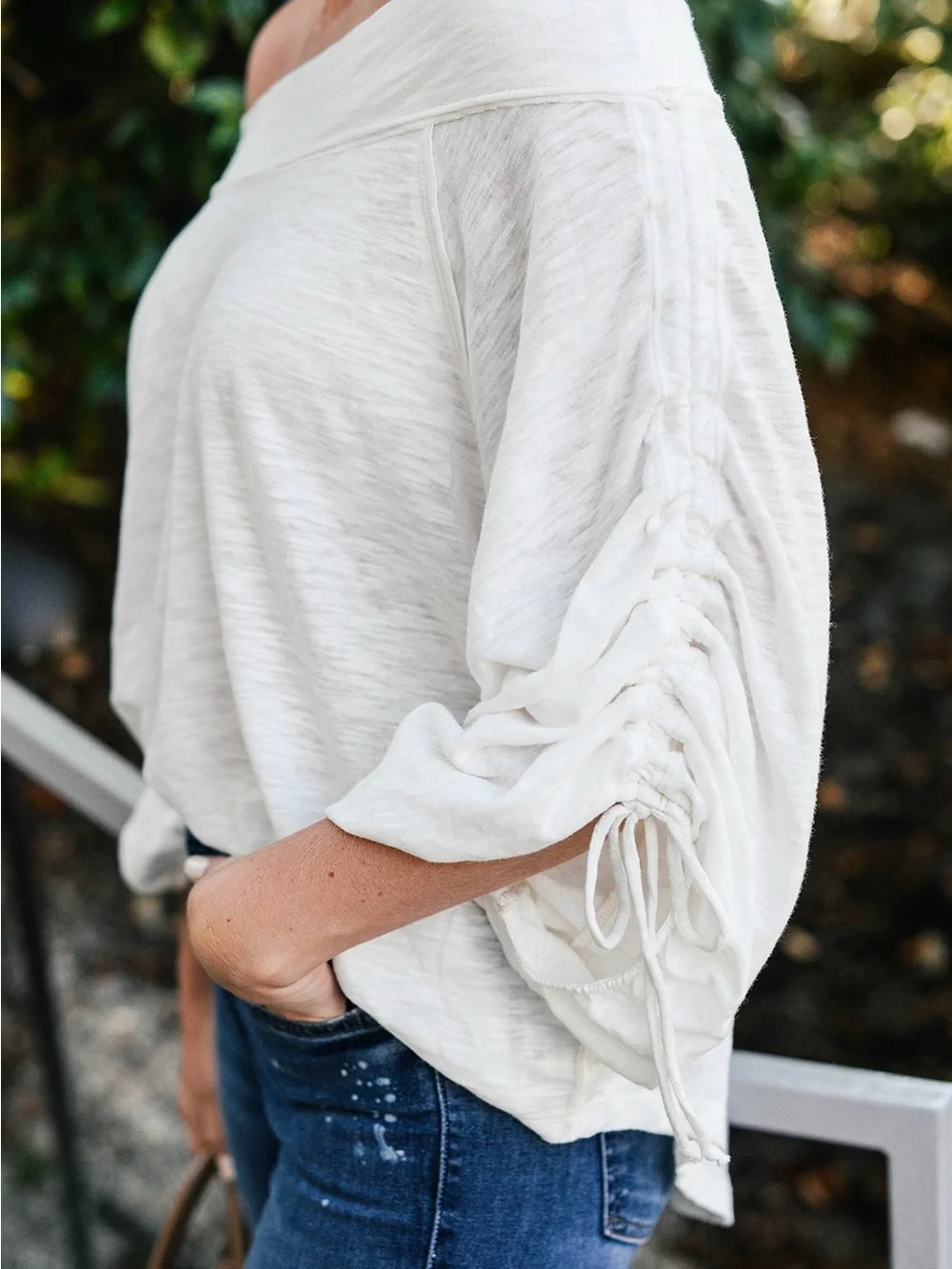 Free People Bohema Off-The-Shoulder Slub Shirt in a Blue Shade Size Large